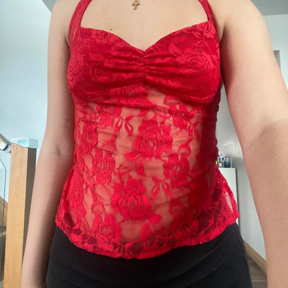 red lace halter backless top - Picture 1 of 2